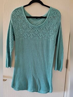 JEANNE PIERRE Aqua Openwork Knit Long-Sleeve Dress